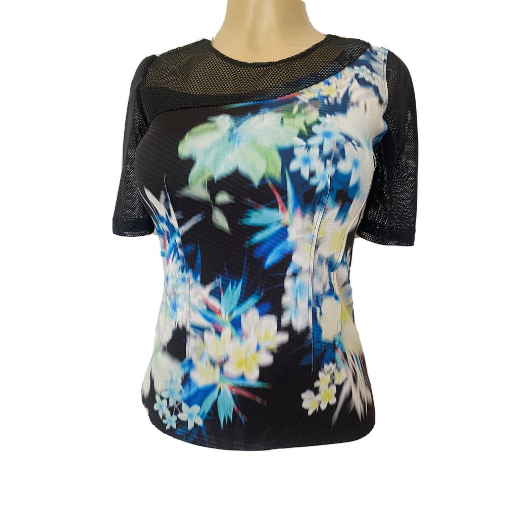 Elie Tahari Floral Top Blouse Mesh Panel Scuba Black Back Zip Short Slee…